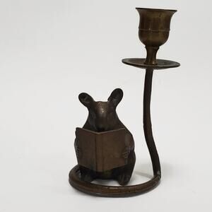 Vintage SPI Bronze Mouse Candlestick Candle Holder Reading a Book 6" Nice Patina